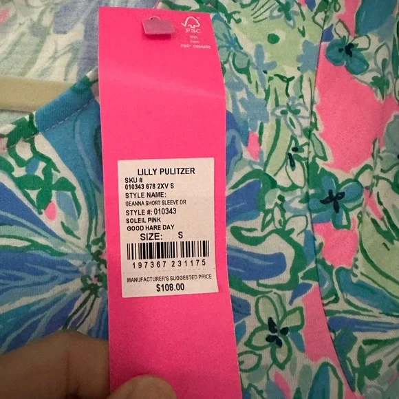 New Lilly Pulitzer Geanna Short Sleeve Dress Soleil Pink Good Hare Day Size S - Picture 2 of 3